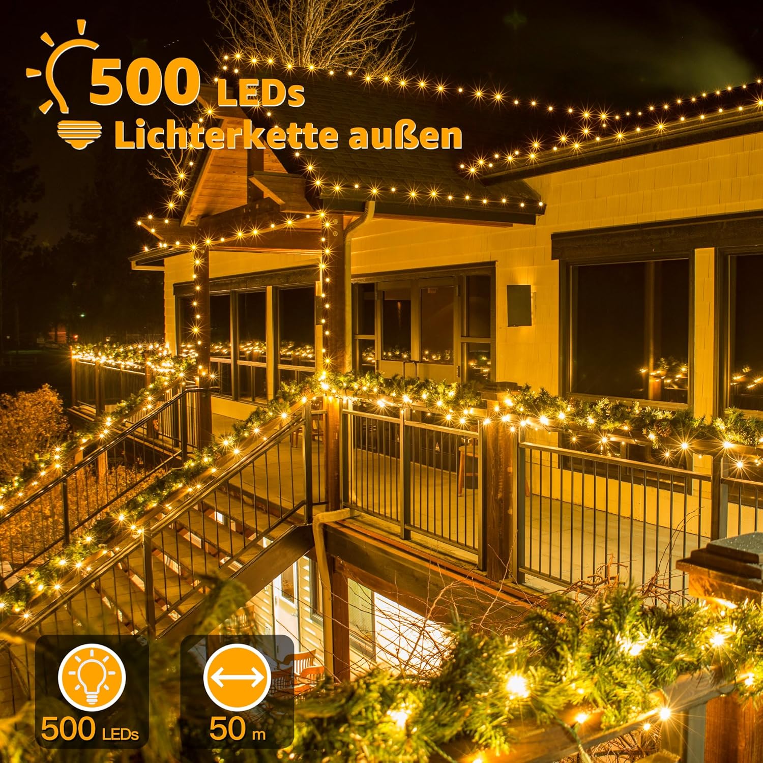 Ollny 500 LED 50m Warmweiße Lichterkette für Weihnachten (Transparentes Kabel, Steckeranschluss, 8 Modi)