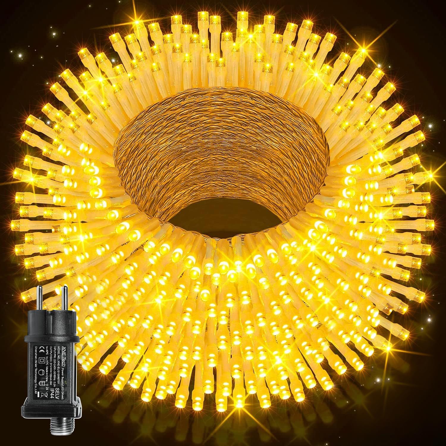 Ollny 500 LED 50m Warmweiße Lichterkette für Weihnachten (Transparentes Kabel, Steckeranschluss, 8 Modi)