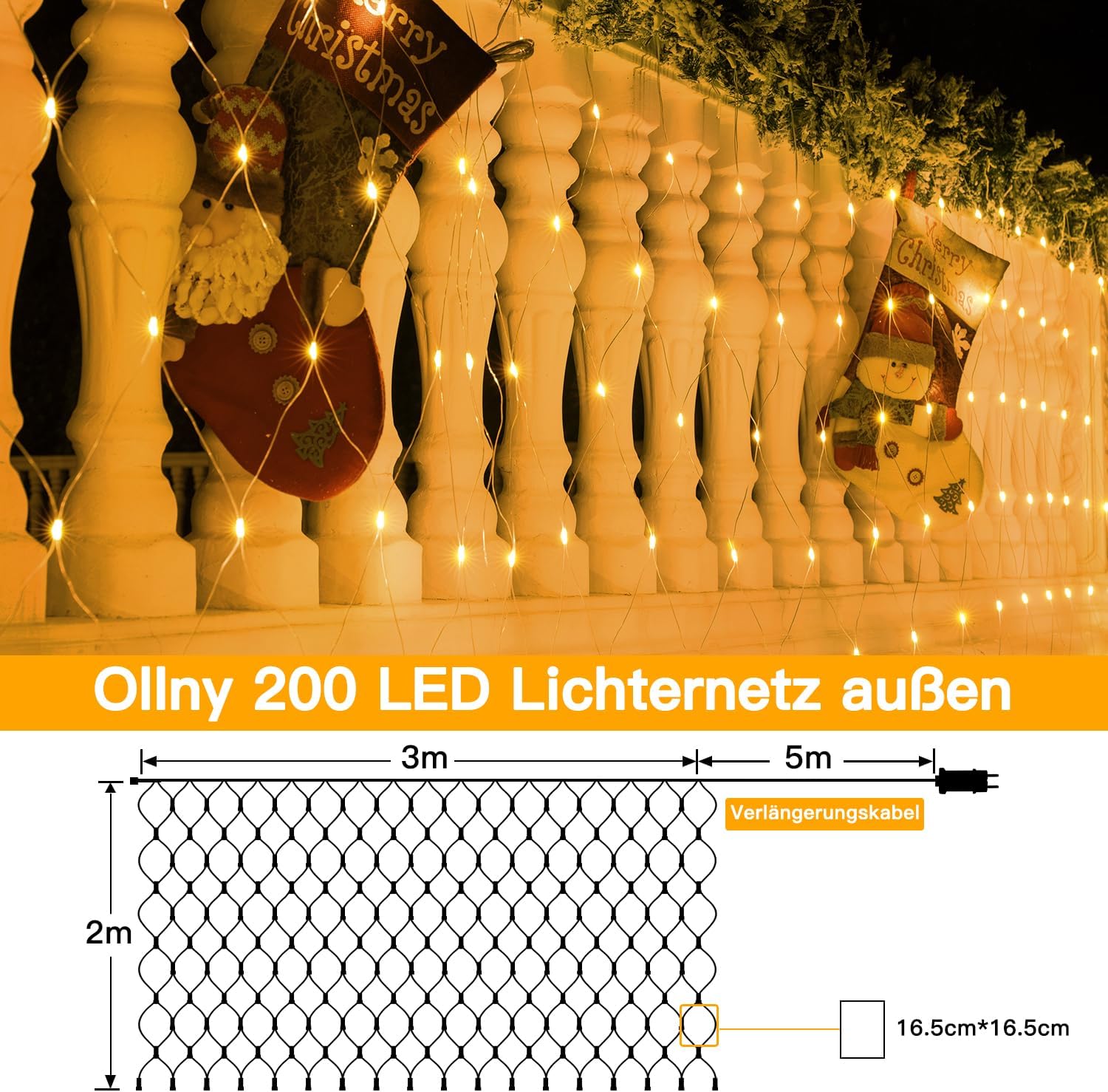 Ollny Lichternetz Außen für Büsche Garten Zimmer (Warmweiß, 8 Modi, Timer, IP45 Wasserdichte)