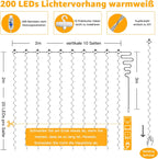 200 LED 6.6 Fuß*6.6 Fuß warmweiße Vorhanglichter mit Haken (Kupferdraht, USB, IP44 wasserdicht)