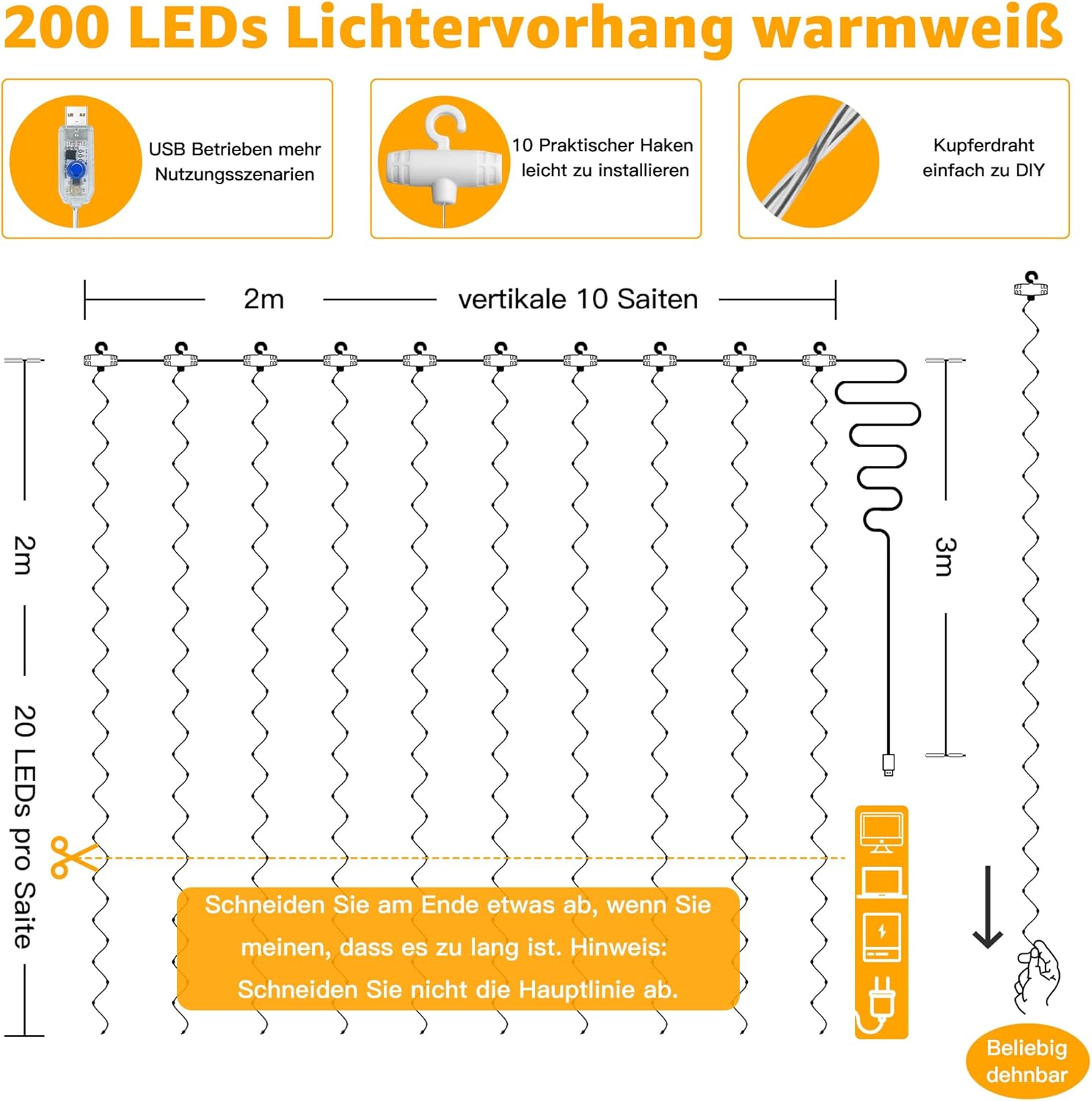 200 LED 6.6 Fuß*6.6 Fuß warmweiße Vorhanglichter mit Haken (Kupferdraht, USB, IP44 wasserdicht)
