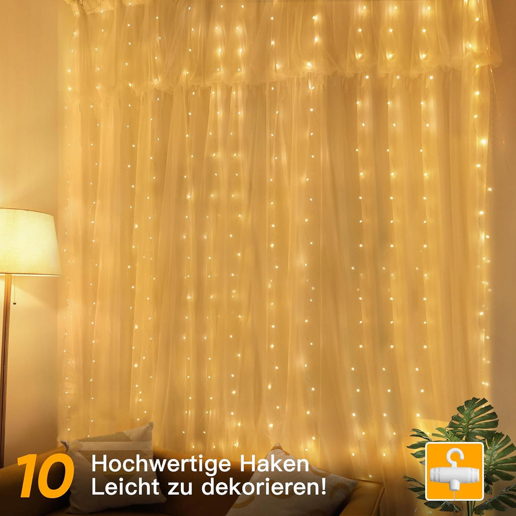 200 LED 6.6 Fuß*6.6 Fuß warmweiße Vorhanglichter mit Haken (Kupferdraht, USB, IP44 wasserdicht)