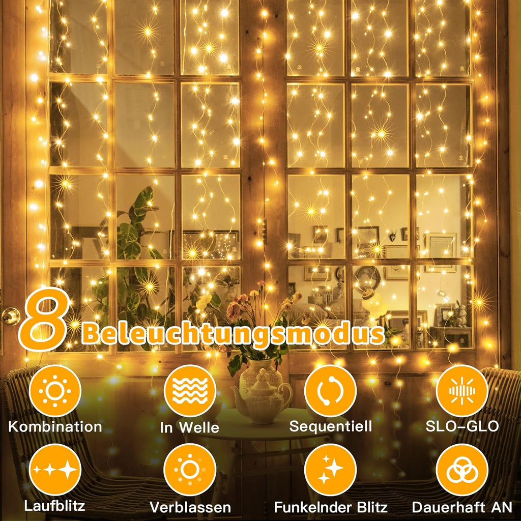 200 LED 6.6 Fuß*6.6 Fuß warmweiße Vorhanglichter mit Haken (Kupferdraht, USB, IP44 wasserdicht)
