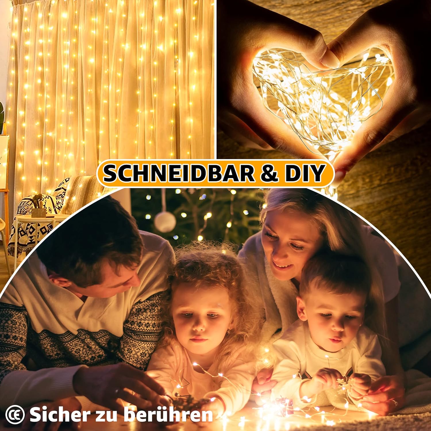200 LED 6.6 Fuß*6.6 Fuß warmweiße Vorhanglichter mit Haken (Kupferdraht, USB, IP44 wasserdicht)