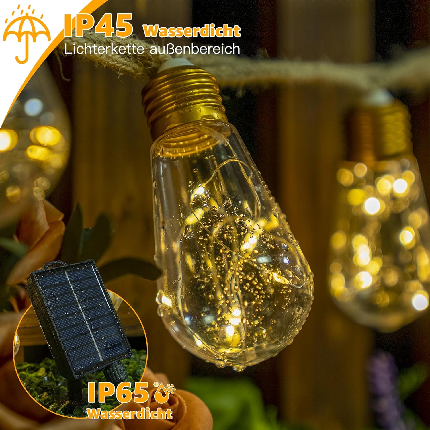 Ollny S17 Solar-Lichterkette für den Außenbereich, 10 m, 240 LEDs (24 Glühbirnen, solarbetrieben, IP45 wasserdicht, 8 Modi)