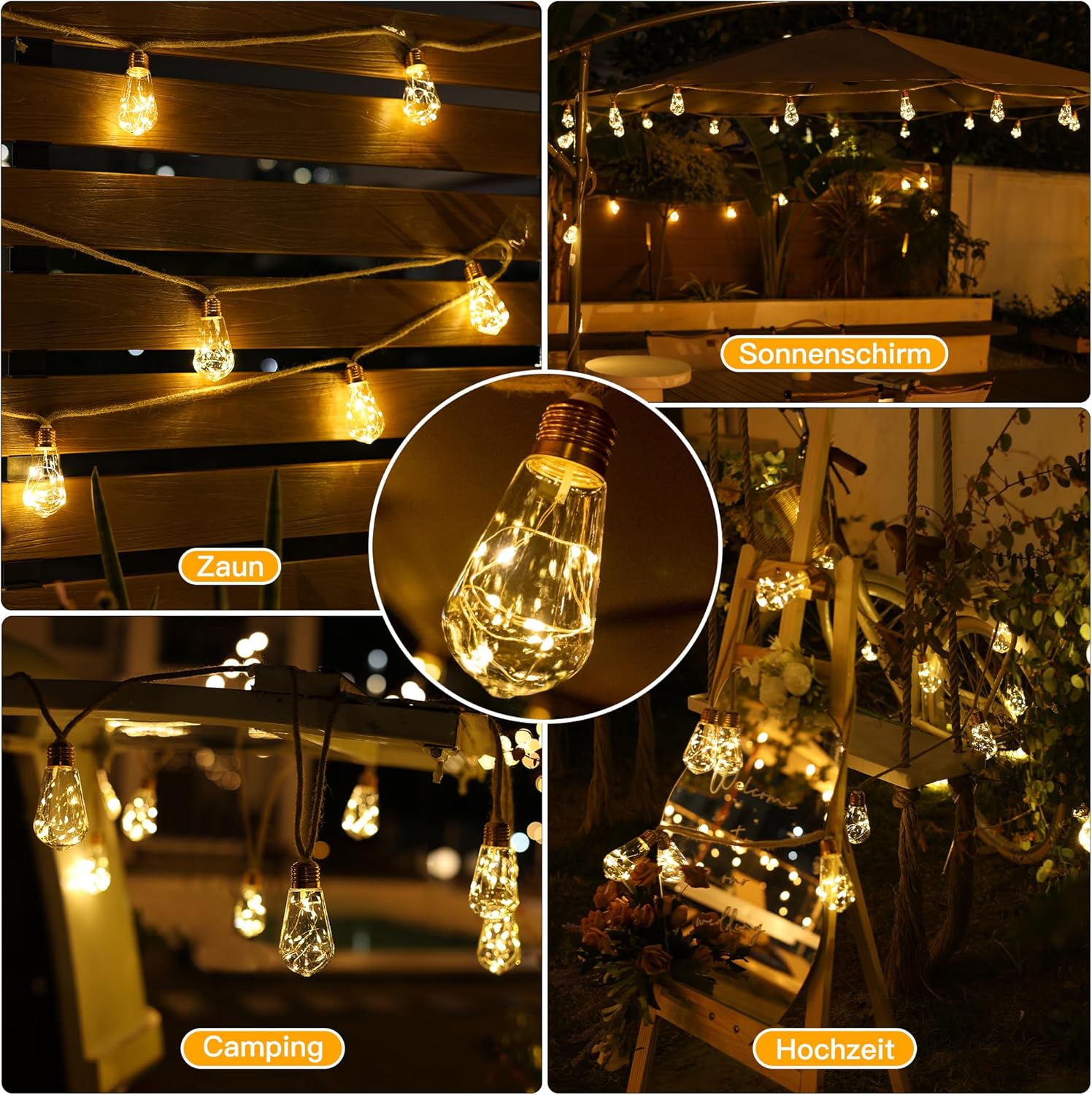 Ollny S17 Solar-Lichterkette für den Außenbereich, 6 m, 160 LEDs (16 Glühbirnen, solarbetrieben, IP45 wasserdicht, 8 Modi)