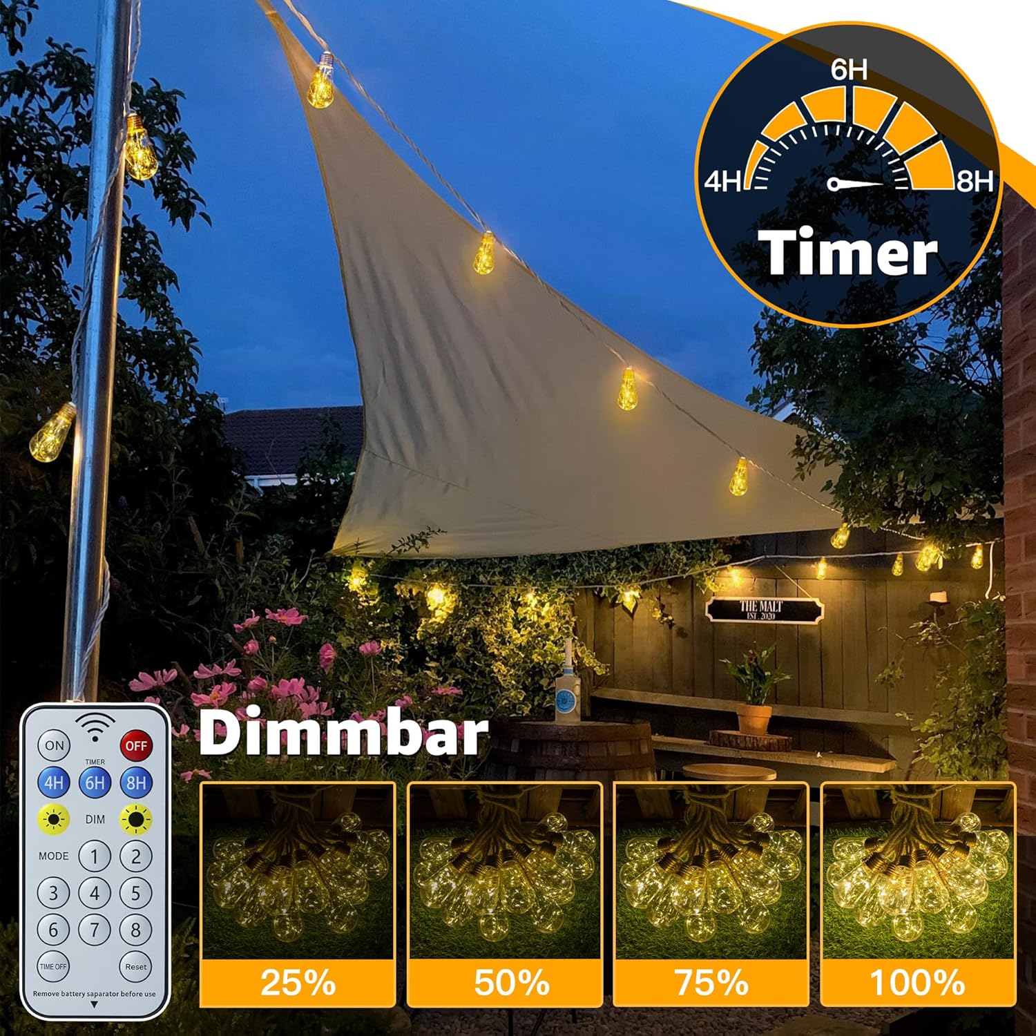 Ollny S17 Solar-Lichterkette für den Außenbereich, 6 m, 160 LEDs (16 Glühbirnen, solarbetrieben, IP45 wasserdicht, 8 Modi)