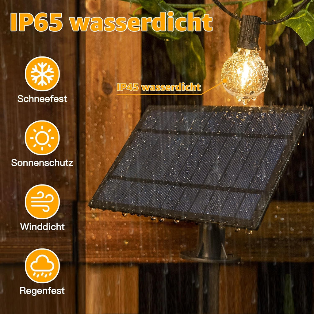Ollny G40 Solar-Lichterkette für den Außenbereich, 20 m (30+2 Glühbirnen, solarbetrieben, IP45 wasserdicht, 2700 K)