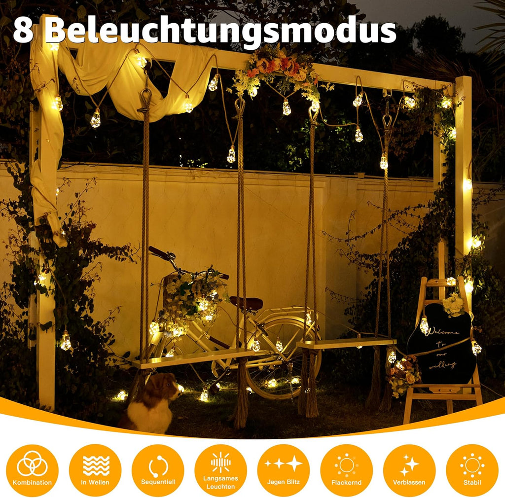 Ollny S17 Solar-Lichterkette für den Außenbereich, 6 m, 160 LEDs (16 Glühbirnen, solarbetrieben, IP45 wasserdicht, 8 Modi)
