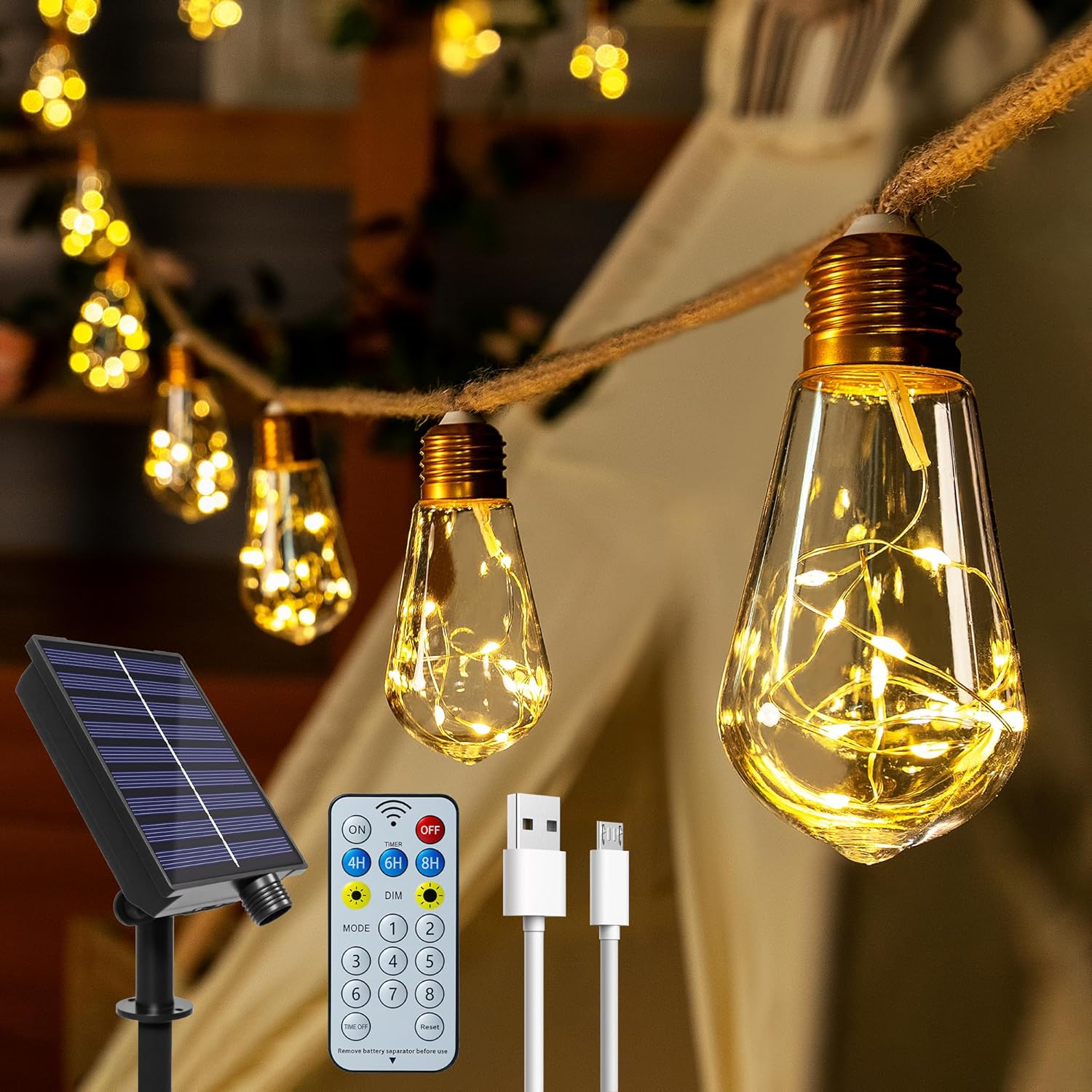 Ollny S17 Solar-Lichterkette für den Außenbereich, 10 m, 240 LEDs (24 Glühbirnen, solarbetrieben, IP45 wasserdicht, 8 Modi)