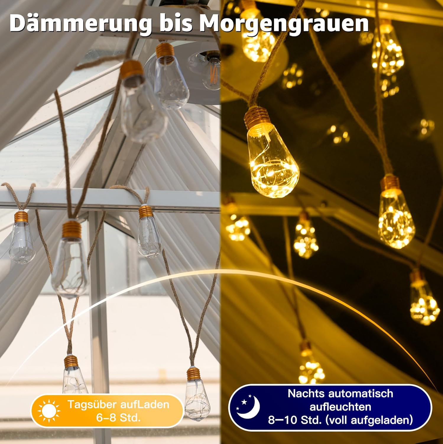 Ollny S17 Solar-Lichterkette für den Außenbereich, 10 m, 240 LEDs (24 Glühbirnen, solarbetrieben, IP45 wasserdicht, 8 Modi)