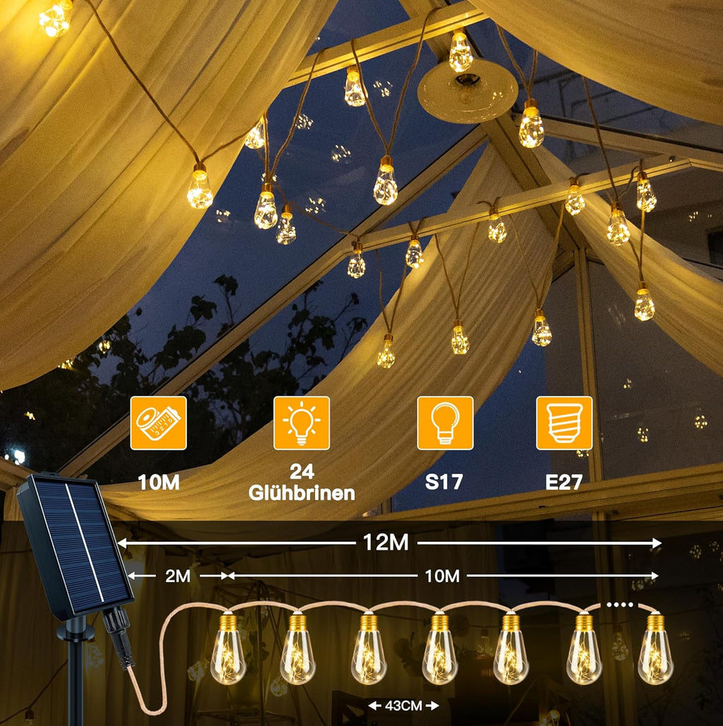 Ollny S17 Solar-Lichterkette für den Außenbereich, 10 m, 240 LEDs (24 Glühbirnen, solarbetrieben, IP45 wasserdicht, 8 Modi)