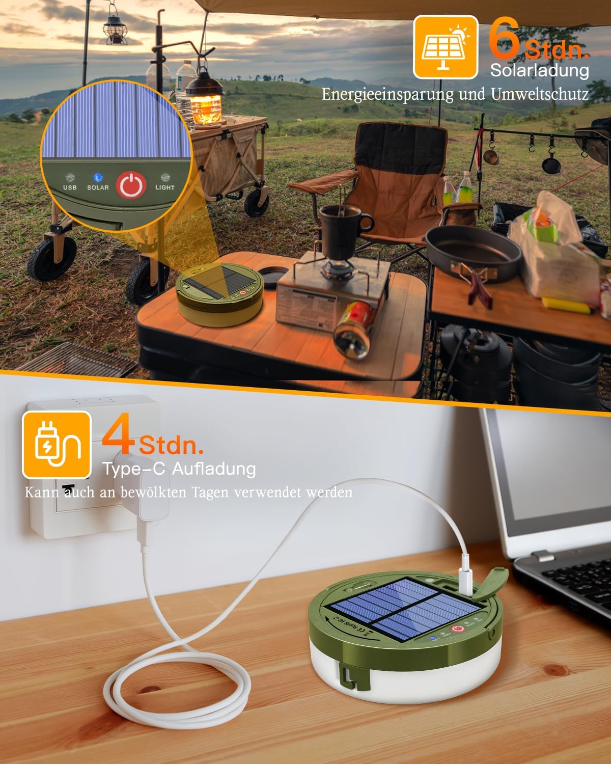 Ollny Solar Camping Lichterkette Aufrollbar (USB, 8 Beleuchtungsmodi, Timer Dimmbar, IP44 Wasserdichte)