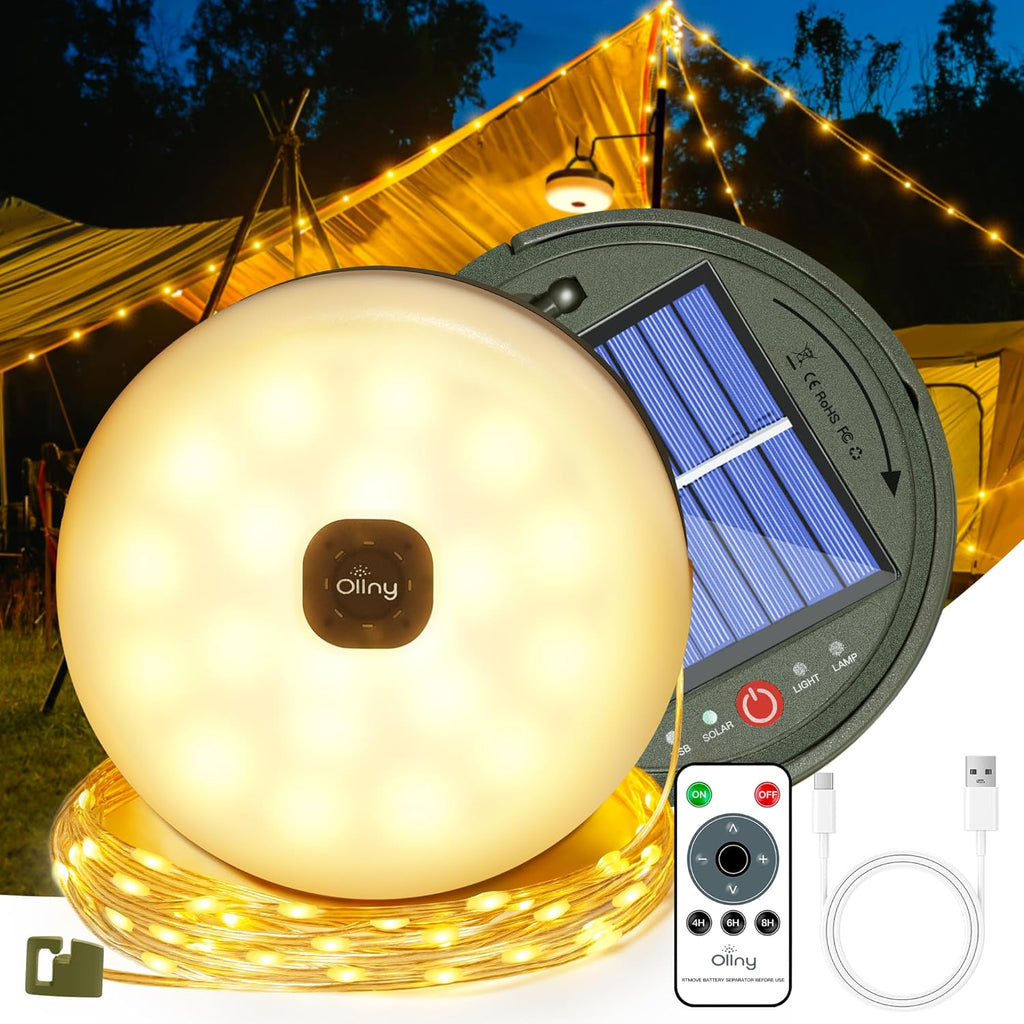 Ollny Solar Camping Lichterkette Aufrollbar (USB, 8 Beleuchtungsmodi, Timer Dimmbar, IP44 Wasserdichte)