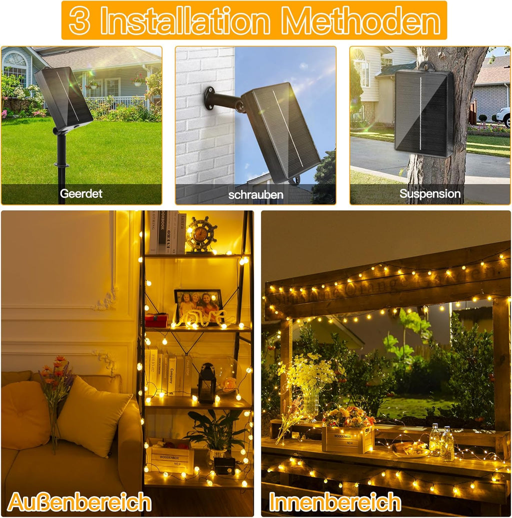 Ollny Solar Lichterkette Aussen(Warmweiß, 8 Beleuchtungsmodi, IP44 Wasserdichte)