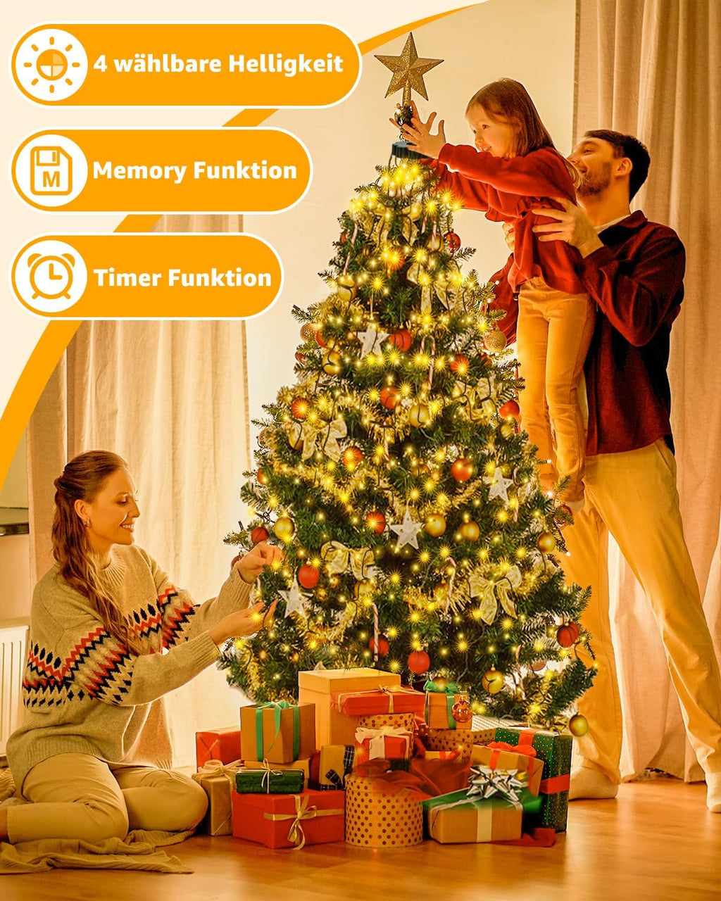 Ollny Solar Lichterkette Aussen für 150, 180, 240cm Tannenbaum (Warmweiß, 8 Beleuchtungsmodi, Timer, IP44 Wasserdichte)