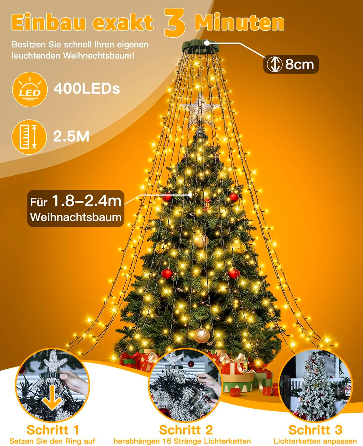 Ollny Solar Lichterkette Aussen für 150, 180, 240cm Tannenbaum (Warmweiß, 8 Beleuchtungsmodi, Timer, IP44 Wasserdichte)