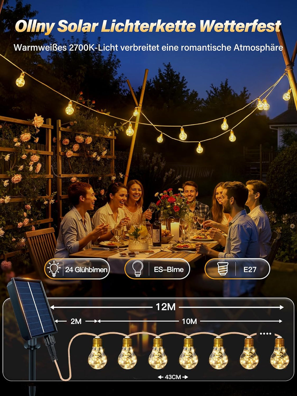 Ollny Solar Lichterkette Aussen (USB, 8 Beleuchtungsmodi, Timer Dimmbar, IP45 Wasserdichte)