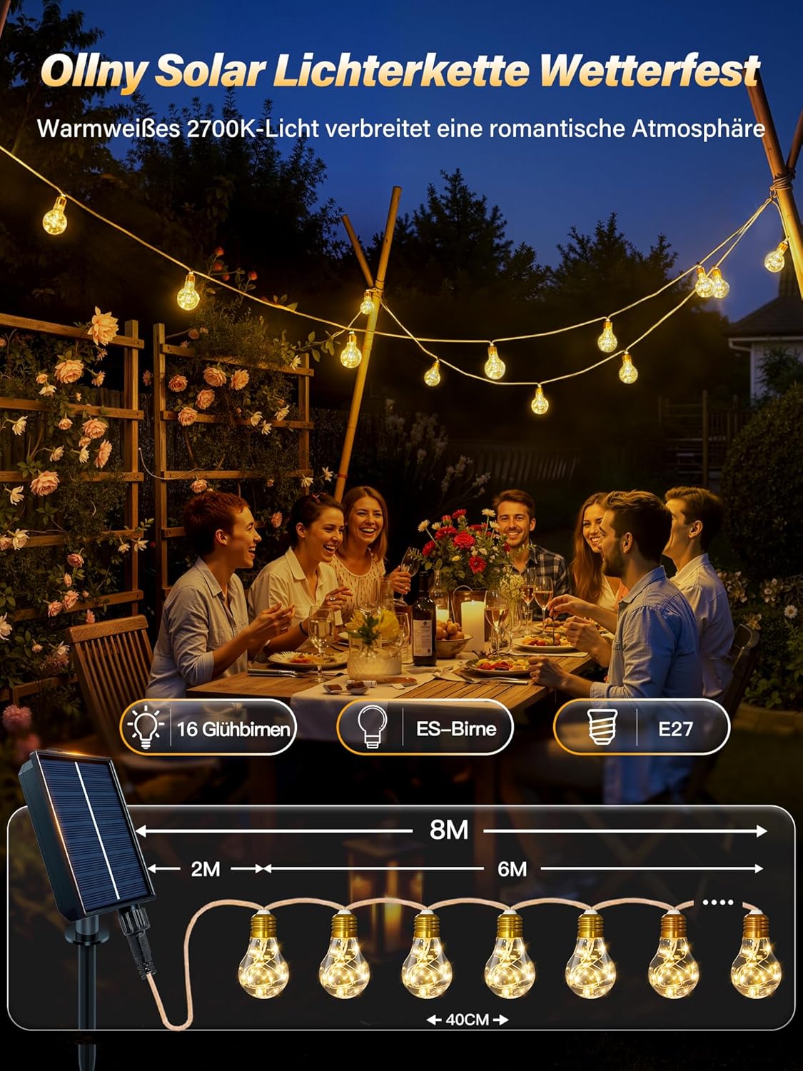 Ollny Solar Lichterkette Aussen (USB, 8 Beleuchtungsmodi, Timer Dimmbar, IP45 Wasserdichte)