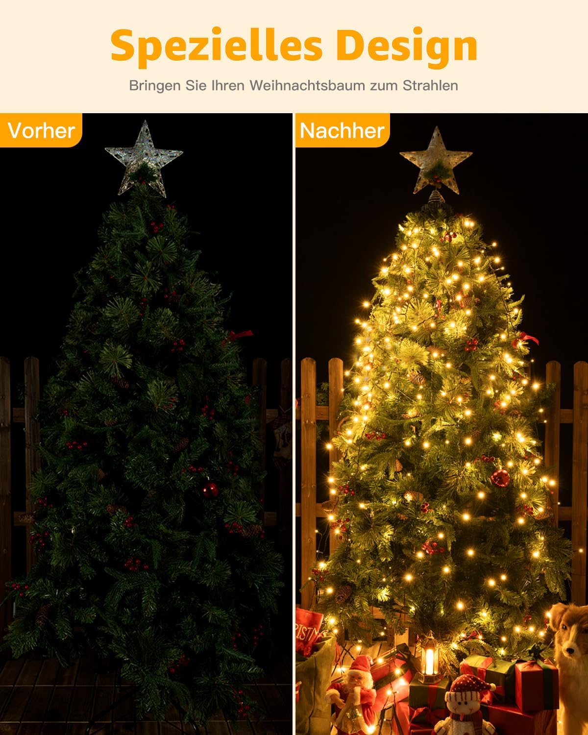 Ollny Solar Lichterkette Aussen für 150, 180, 240cm Tannenbaum (Warmweiß, 8 Beleuchtungsmodi, Timer, IP44 Wasserdichte)