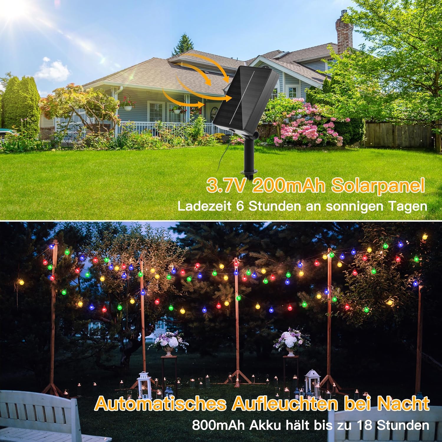 Ollny Solar Lichterkette Aussen(Bunt, 8 Beleuchtungsmodi, IP44 Wasserdichte)