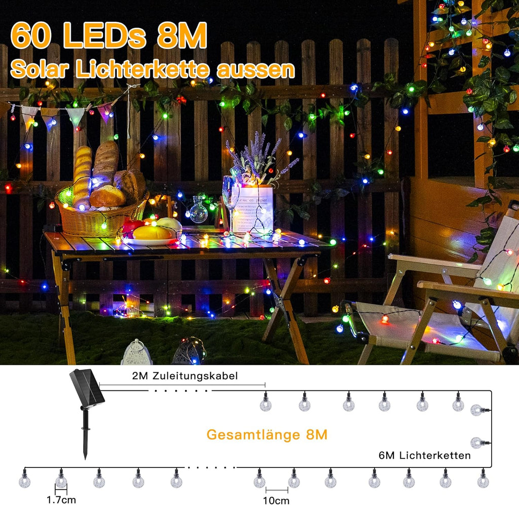 Ollny Solar Lichterkette Aussen(Bunt, 8 Beleuchtungsmodi, IP44 Wasserdichte)