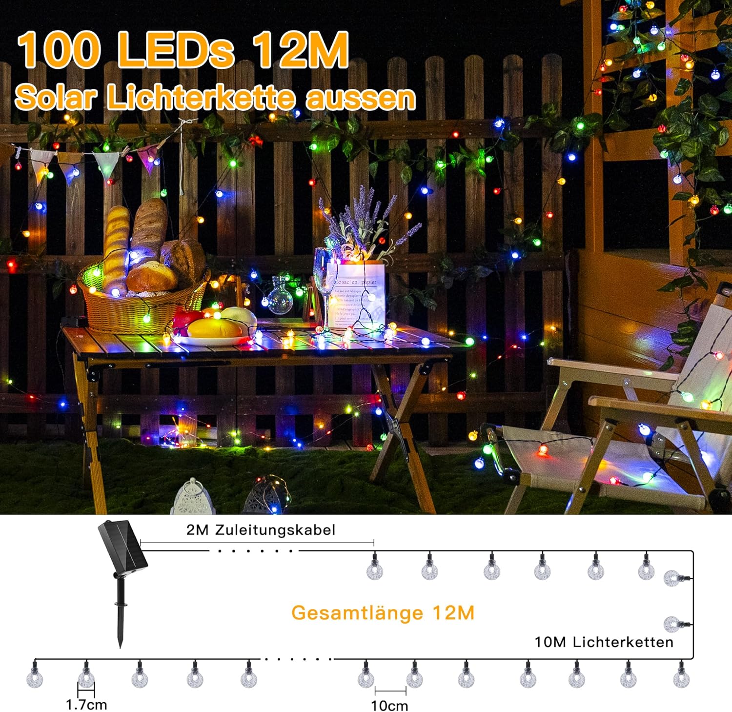 Ollny Solar Lichterkette Aussen(Bunt, 8 Beleuchtungsmodi, IP44 Wasserdichte)