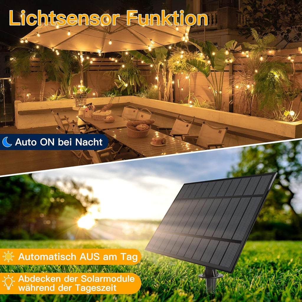Ollny G40 Solar-Lichterkette für den Außenbereich, 10 m (16+1 Glühbirnen, solarbetrieben, IP45 wasserdicht, 2700 K)