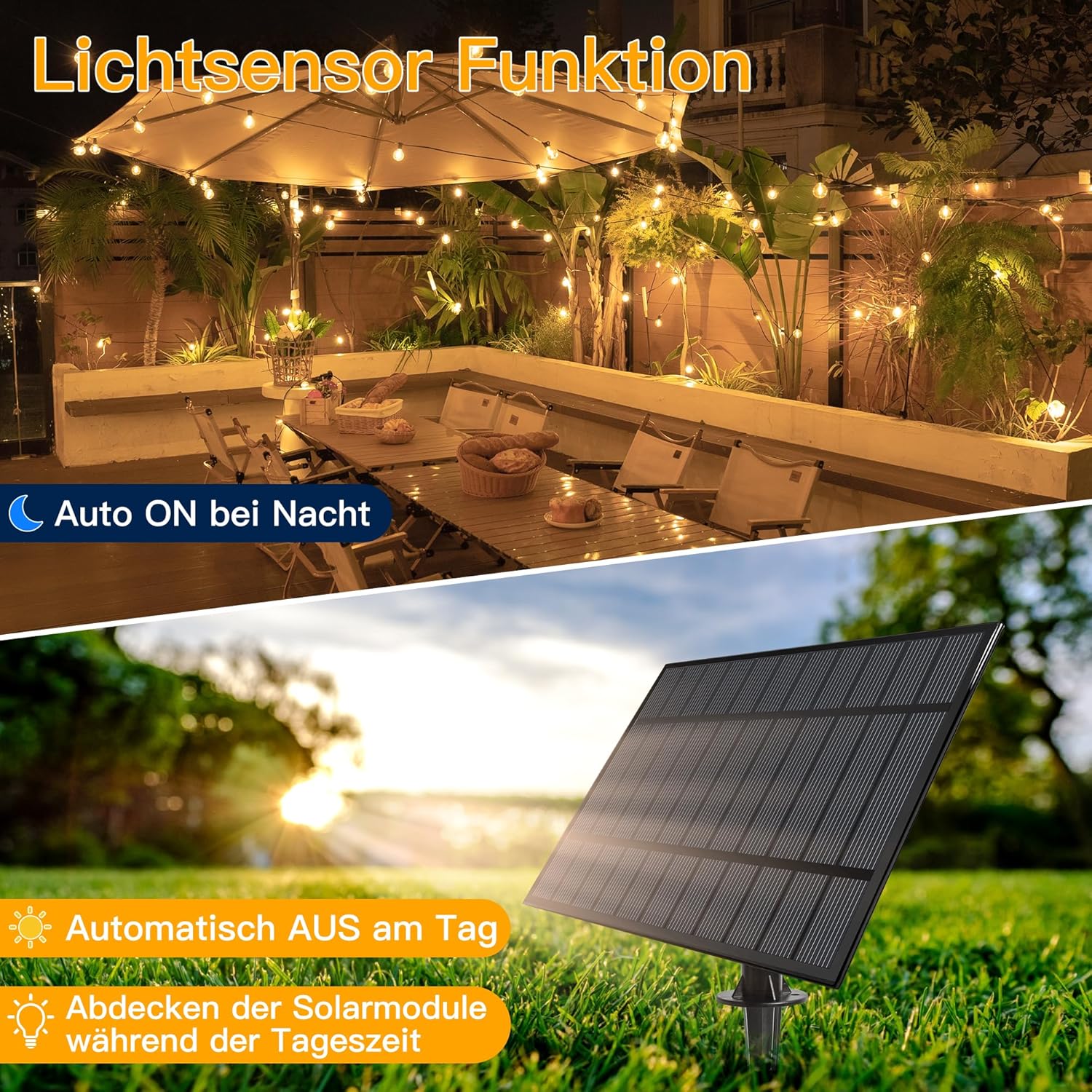 Ollny G40 Solar-Lichterkette für den Außenbereich, 10 m (16+1 Glühbirnen, solarbetrieben, IP45 wasserdicht, 2700 K)
