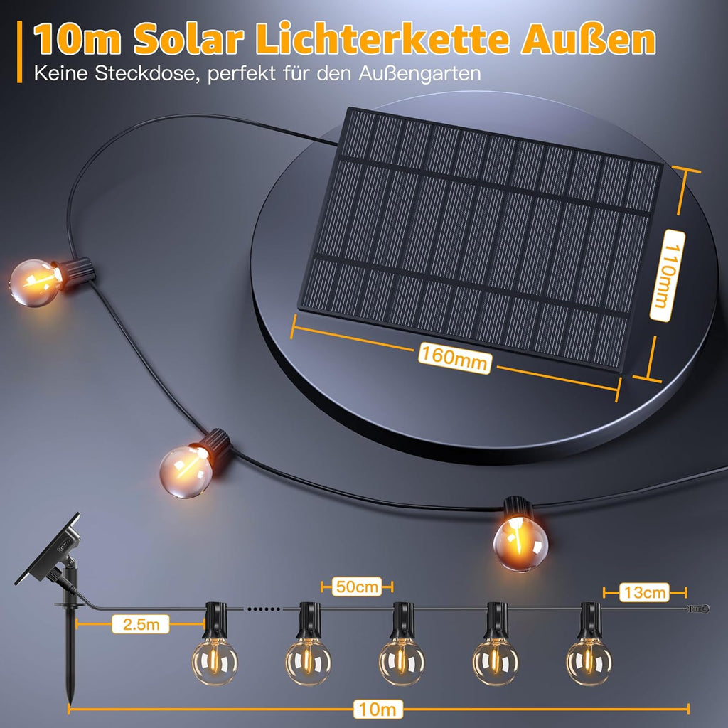 Ollny G40 Solar-Lichterkette für den Außenbereich, 10 m (16+1 Glühbirnen, solarbetrieben, IP45 wasserdicht, 2700 K)