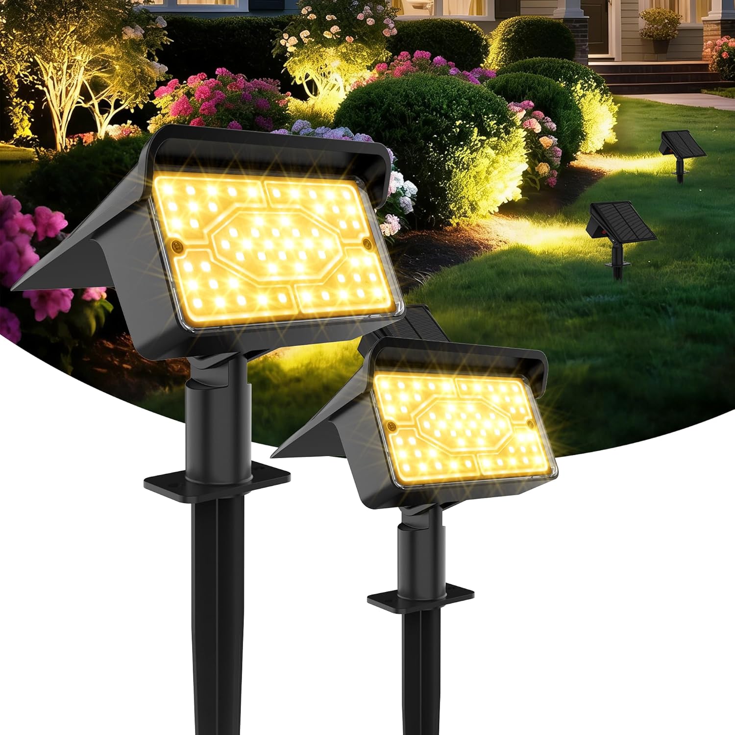 Ollny 60 LEDs Solarstrahler für Außen (Warmweiß, 3 Beleuchtungsmodi, IP65 Wasserdichte)