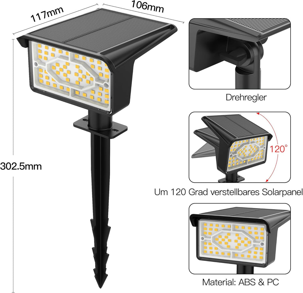 Ollny 60 LEDs Solarstrahler für Außen (Warmweiß, 3 Beleuchtungsmodi, IP65 Wasserdichte)