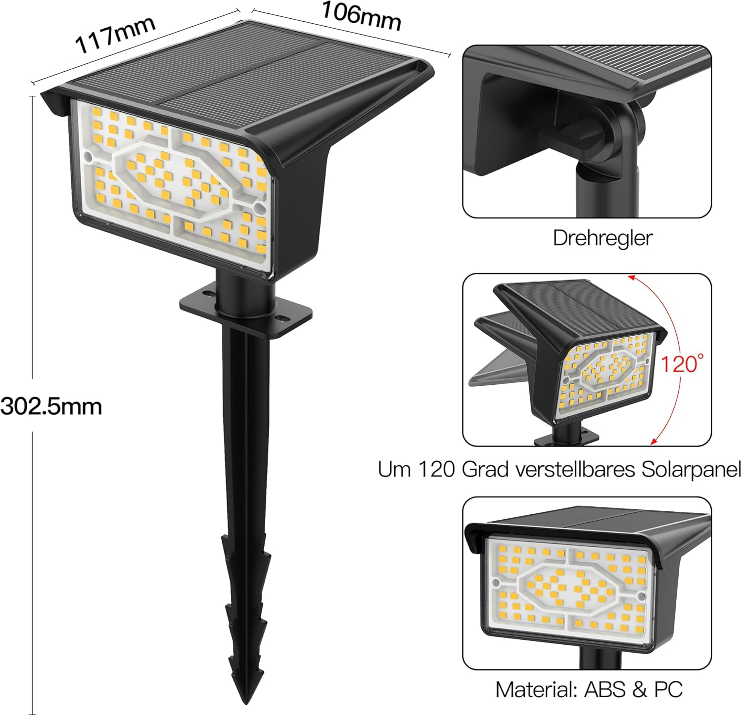 Ollny 60 LEDs Solarstrahler für Außen (Warmweiß, 3 Beleuchtungsmodi, IP65 Wasserdichte)