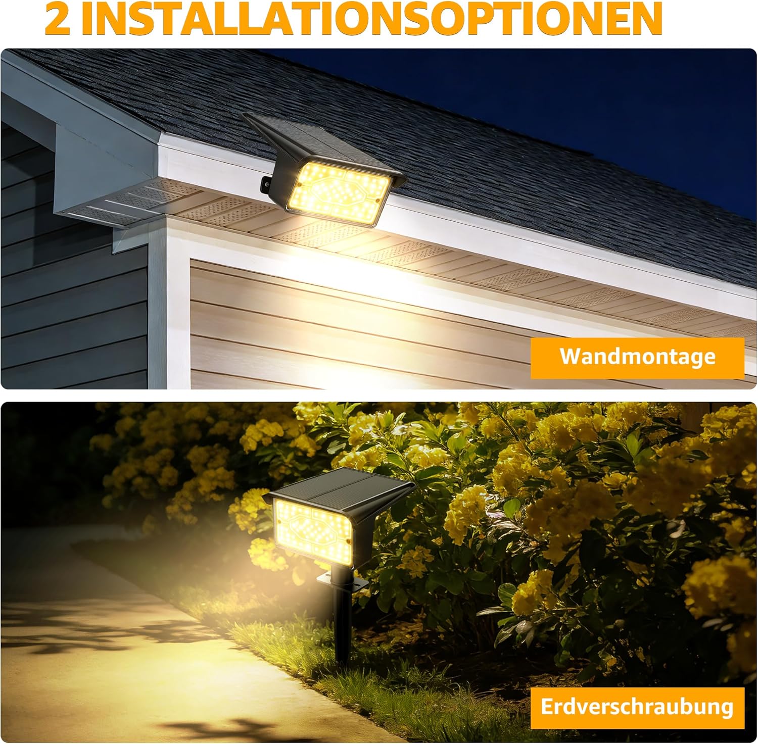Ollny 60 LEDs Solarstrahler für Außen (Warmweiß, 3 Beleuchtungsmodi, IP65 Wasserdichte)