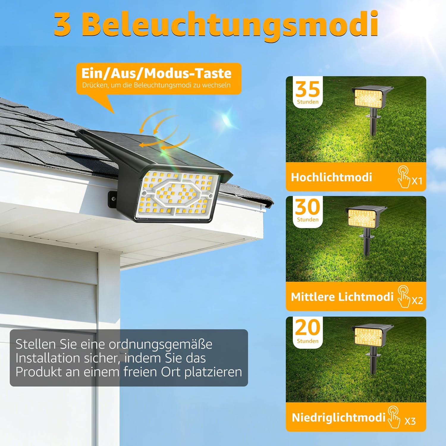 Ollny 60 LEDs Solarstrahler für Außen (Warmweiß, 3 Beleuchtungsmodi, IP65 Wasserdichte)