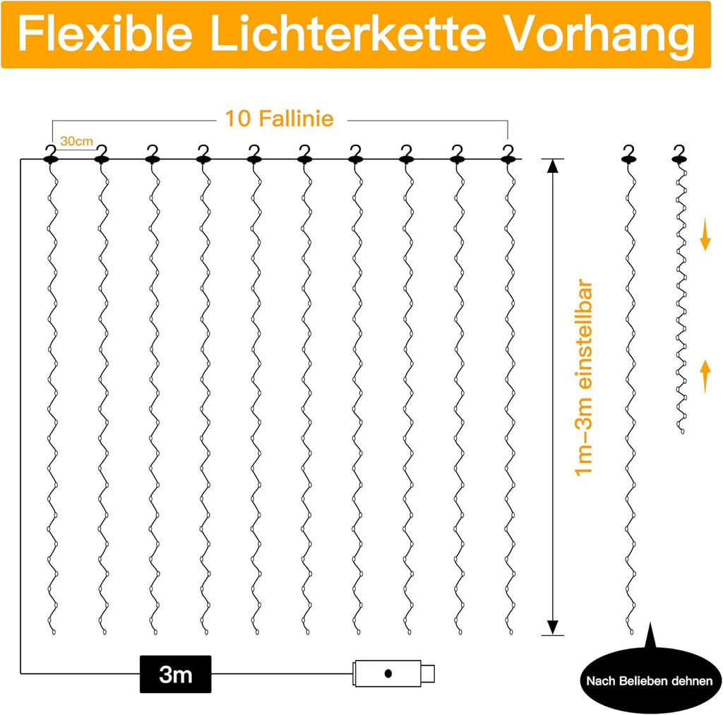 Ollny 300 LED 3m*3m USB-Lichterkette mit Haken, warmweiß