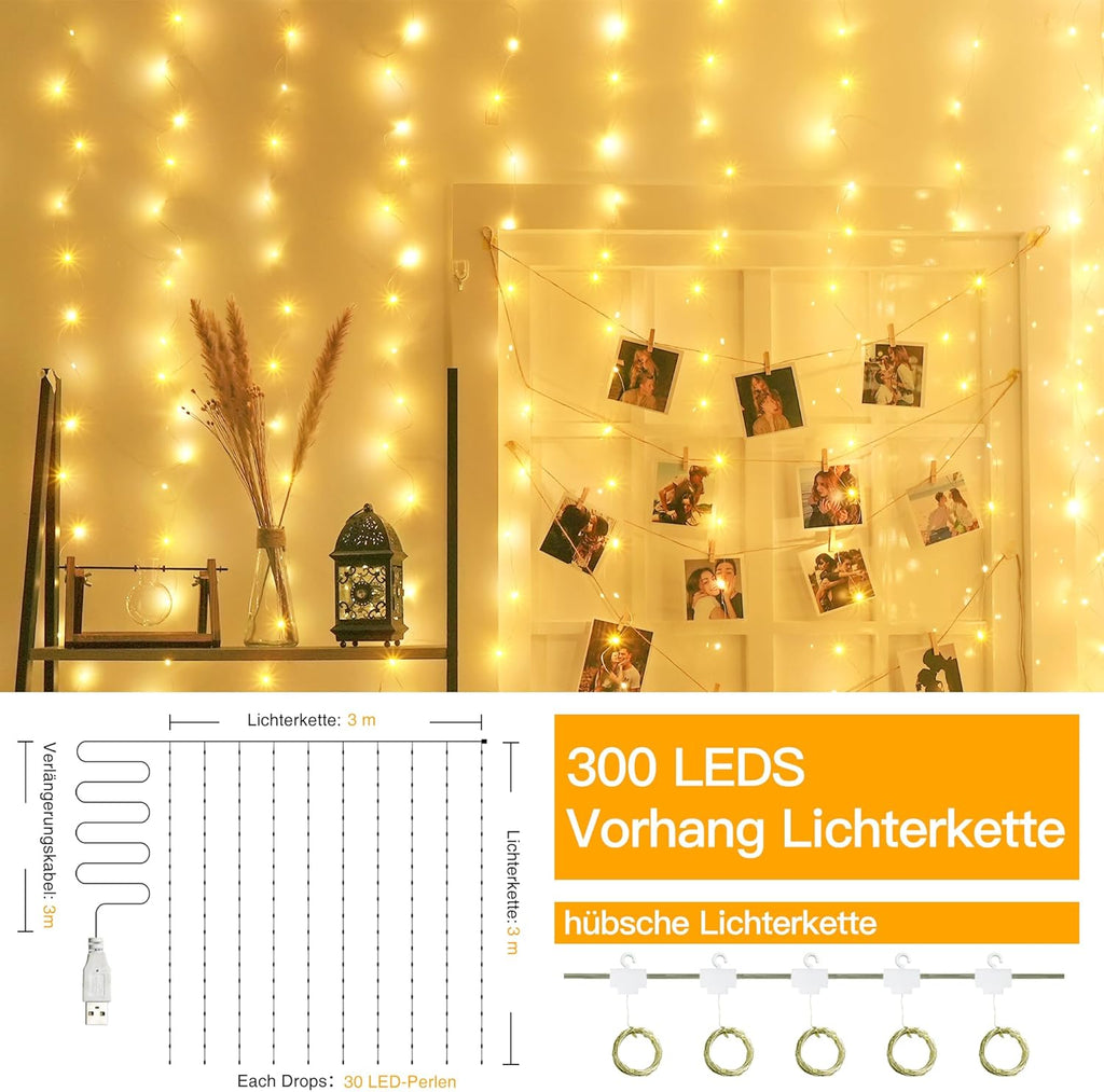 Ollny 300 LED 3m*3m USB-Lichterkette mit Haken, warmweiß