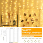 Ollny 300 LED 3m*3m USB-Lichterkette mit Haken, warmweiß