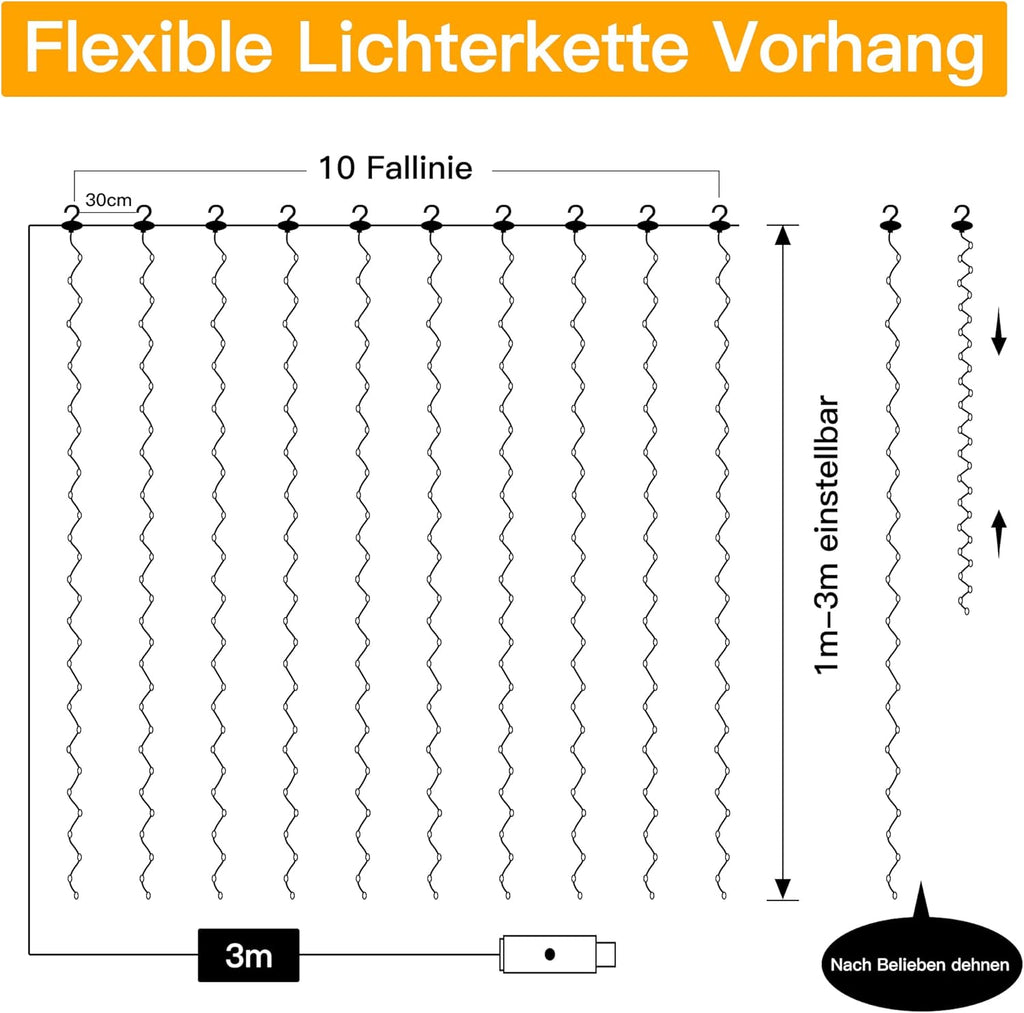 Ollny 300 LED 3m*3m USB-Lichterkette mit Haken, Kaltweiß