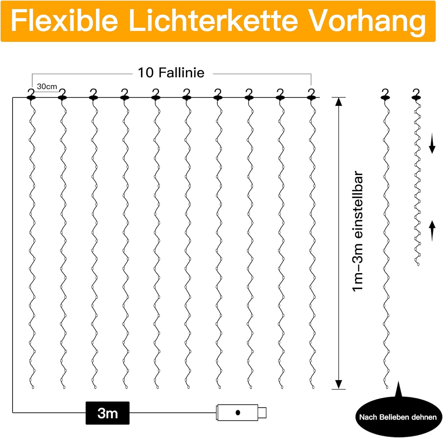 Ollny 300 LED 3m*3m USB-Lichterkette mit Haken, Kaltweiß