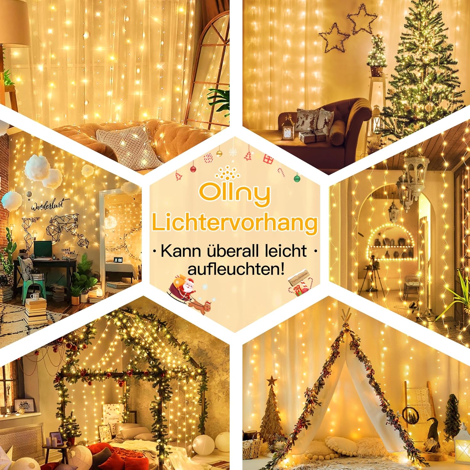 Ollny 300 LED 3m*3m USB-Lichterkette mit Haken, warmweiß