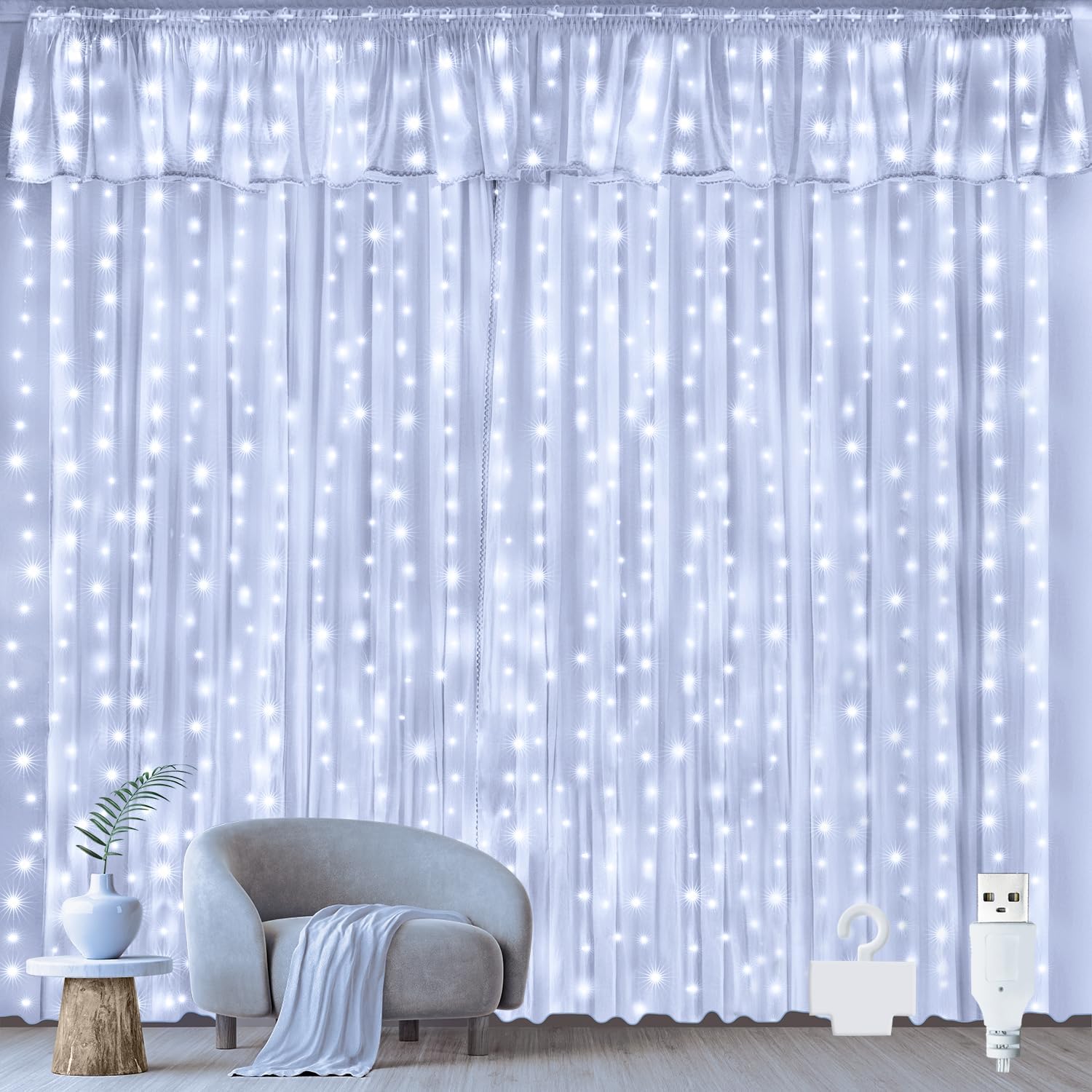 Ollny 300 LED 3m*3m USB-Lichterkette mit Haken, Kaltweiß