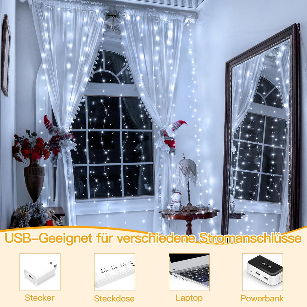 Ollny 300 LED 3m*3m USB-Lichterkette mit Haken, Kaltweiß