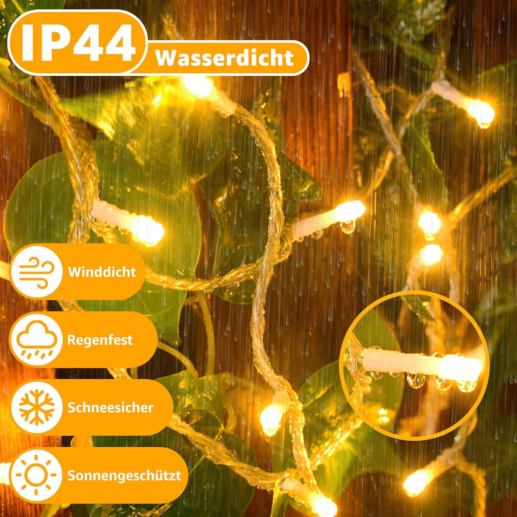 Ollny 200 LED 20m Warmweiße Lichterkette für Weihnachten (Transparentes Kabel, Steckeranschluss, 8 Modi)
