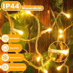 Ollny 200 LED 20m Warmweiße Lichterkette für Weihnachten (Transparentes Kabel, Steckeranschluss, 8 Modi)