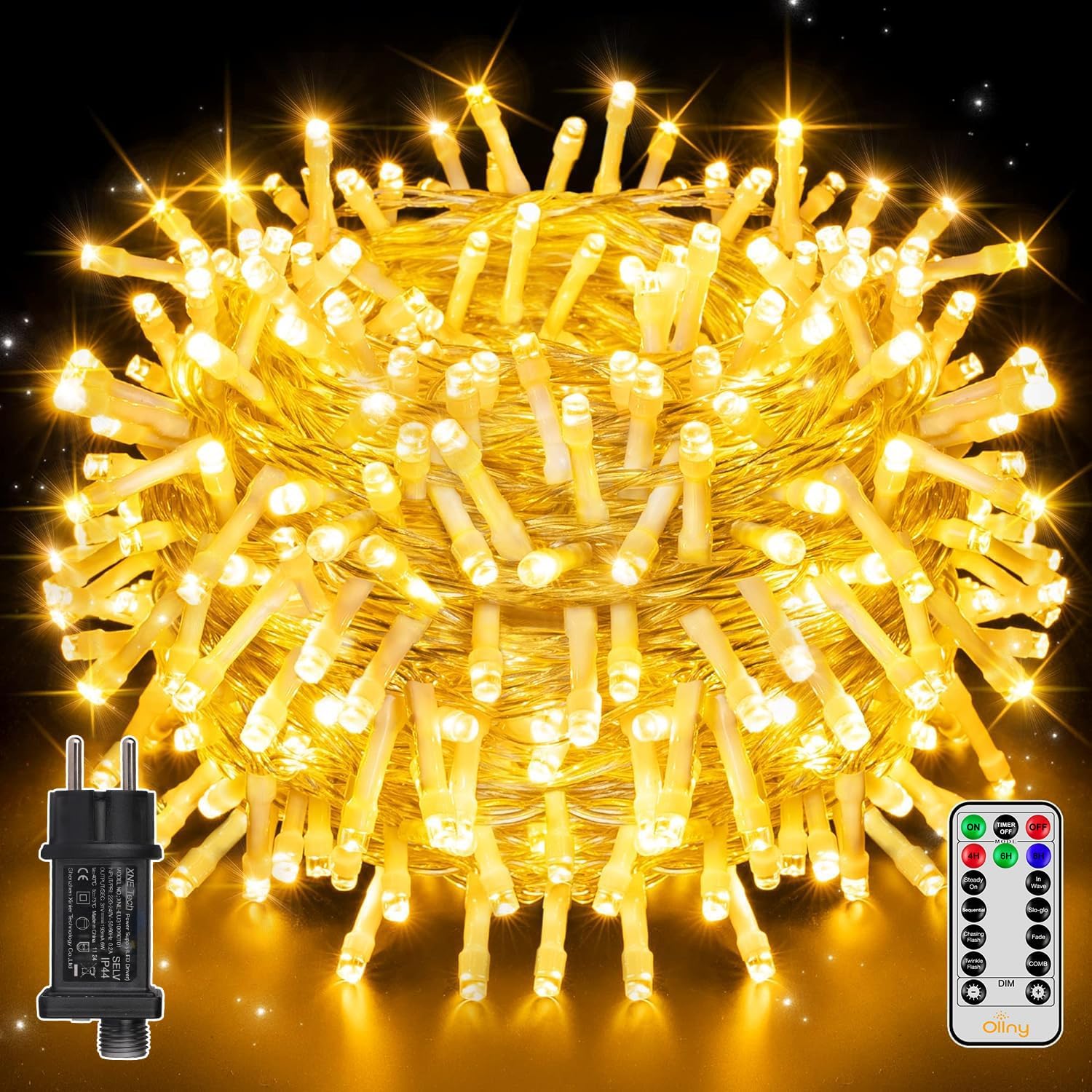 Ollny 200 LED 20m Warmweiße Lichterkette für Weihnachten (Transparentes Kabel, Steckeranschluss, 8 Modi)