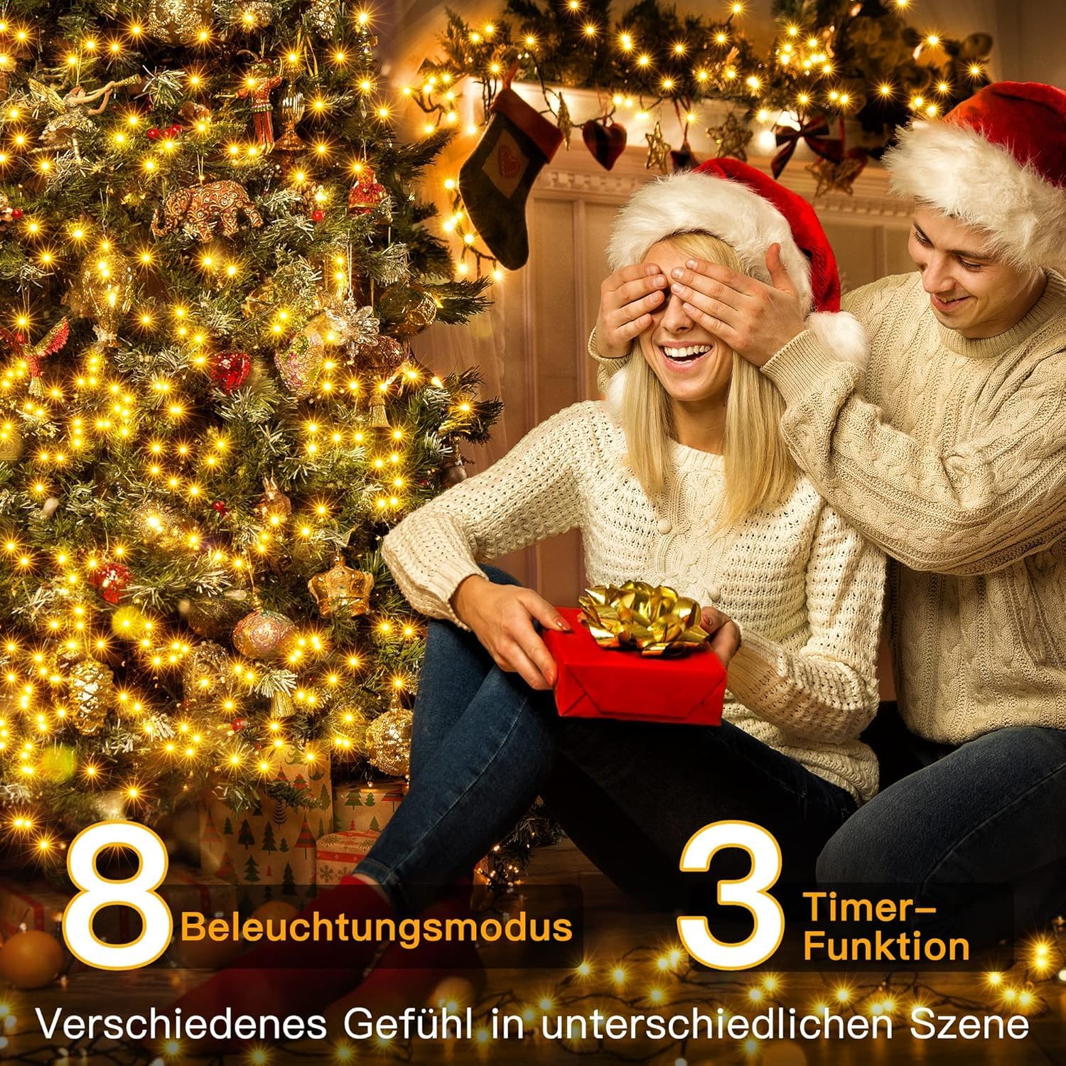 Ollny 400 LED 40m Warmweiße Lichterkette für Weihnachten (Grünes Kabel, Stecker, 8 Modi)