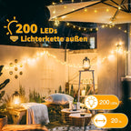 Ollny 200 LED 20m Warmweiße Lichterkette für Weihnachten (Transparentes Kabel, Steckeranschluss, 8 Modi)