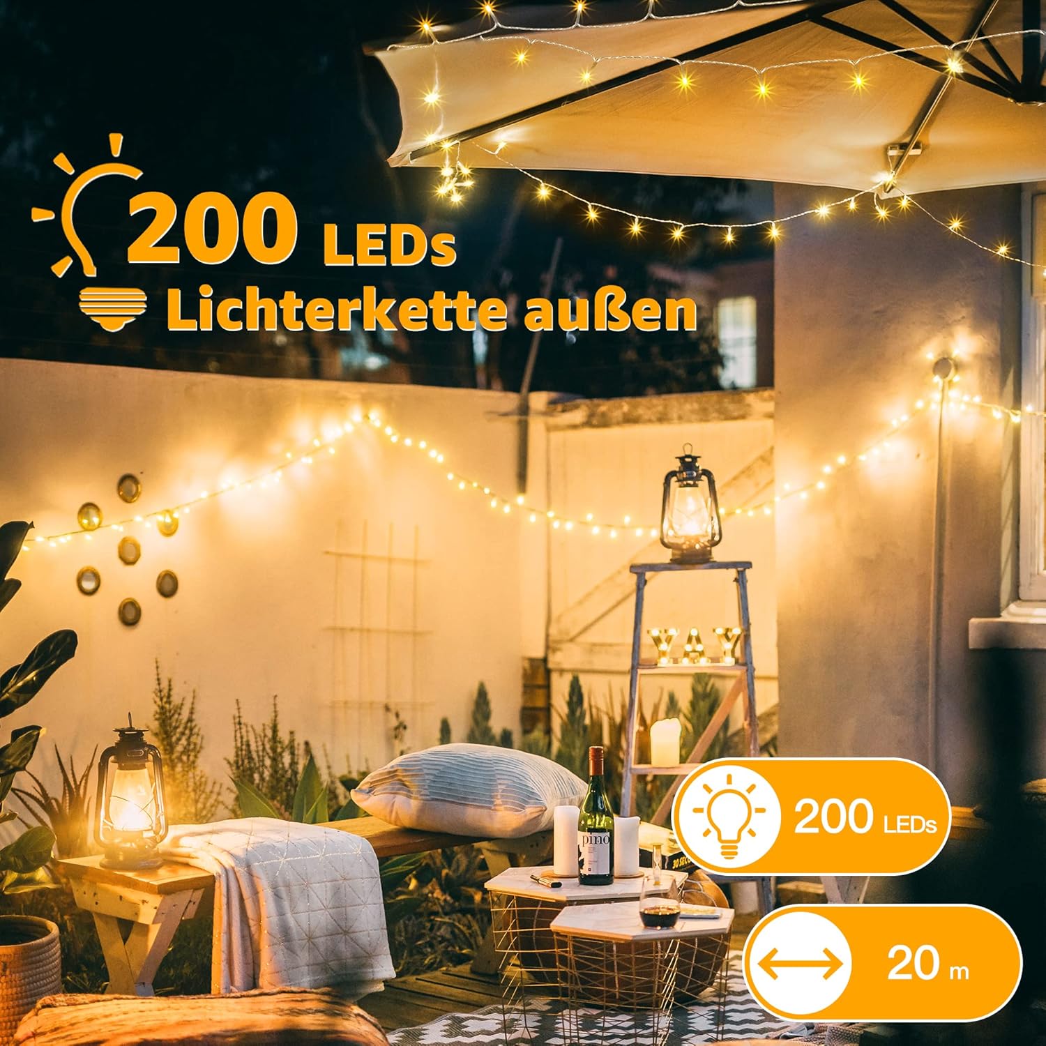 Ollny 200 LED 20m Warmweiße Lichterkette für Weihnachten (Transparentes Kabel, Steckeranschluss, 8 Modi)