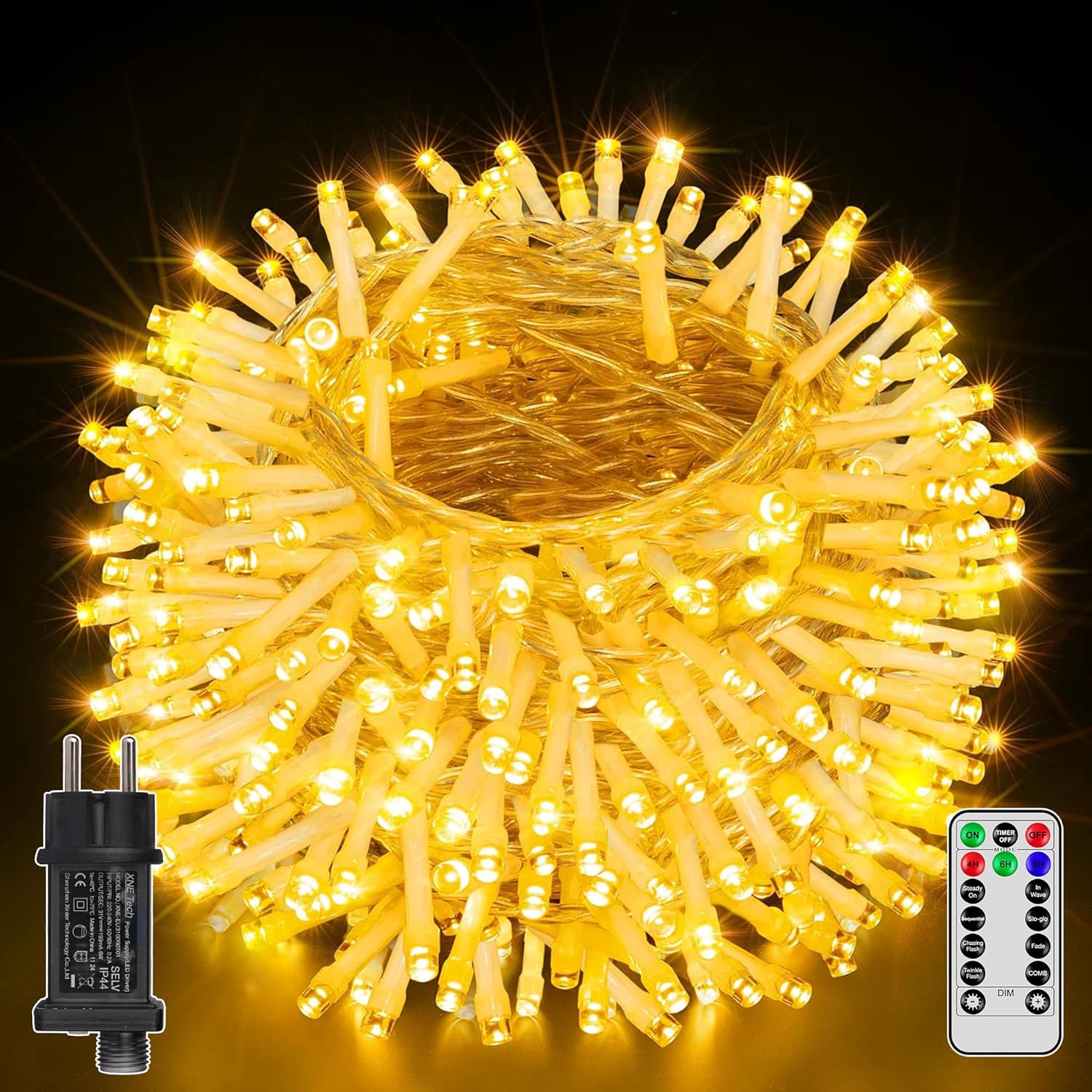 Ollny 600 LED 60m Warmweiße Weihnachtsbeleuchtung (Transparentes Kabel, Steckeranschluss, 8 Modi)